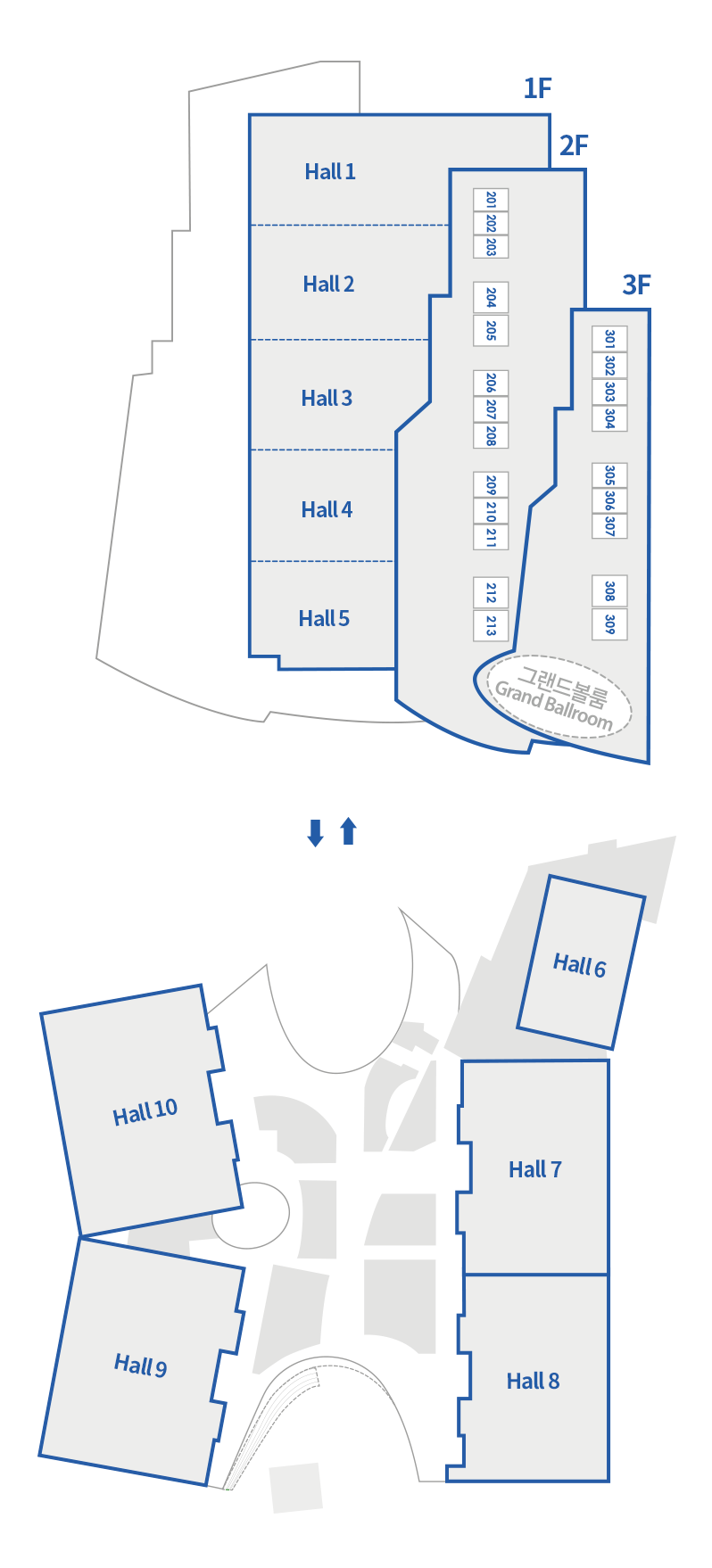 전시홀 위치 안내 1F 좌측부터 hall1에서 hall5까지 있고, 2F 좌측부터 201호에서 213호까지 있고, 3F 좌측부터 301부터 309호까지 있고 오른쪽에는 그랜드 볼륨이 있습니다. 그리고 바로 오른쪽 건물에 좌측상단을 기준으로 시게방향으로 hall6부터 hall10까지 있습니다.