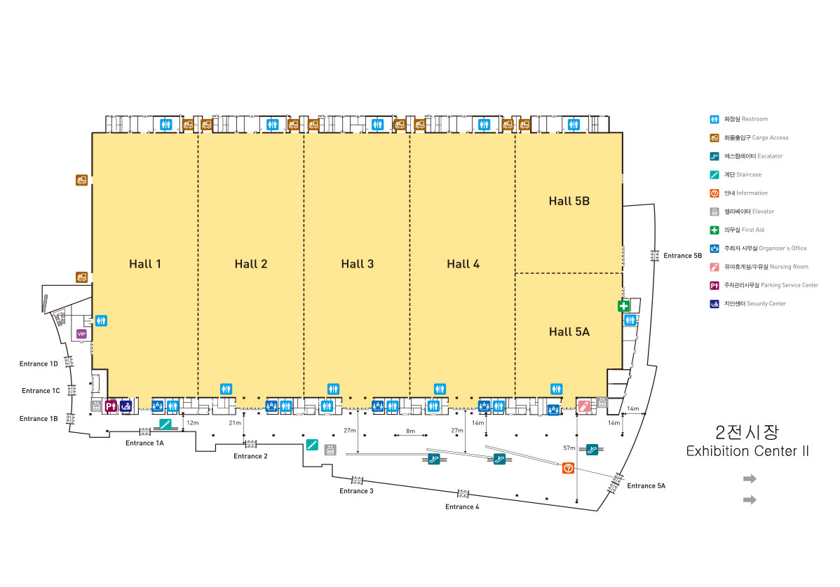 1전시장 도면 이미지, 좌측부터Hall1~Hall5A,5B 가 위치하고 Hall5A 아래 Hall5B가 위치함